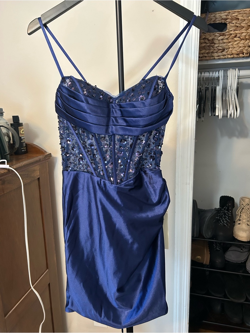 Beaded Satin Mini Dress in Royal Blue by